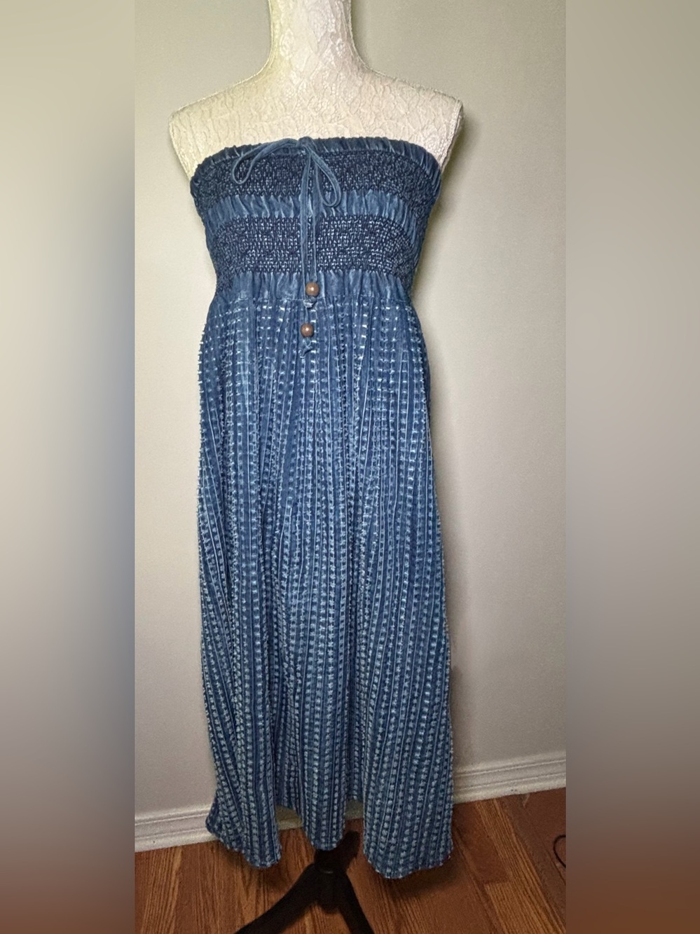 Vintage Tantrums Blue Strapless Smocked Maxi Skirt with Button Detail